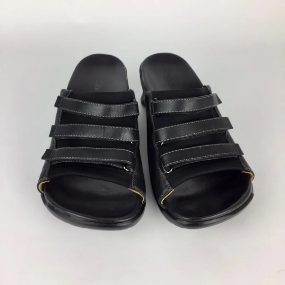 Akaishi Womens Black Heeled Slides Sandals Strappy Chunky Slip On Comfort size 7